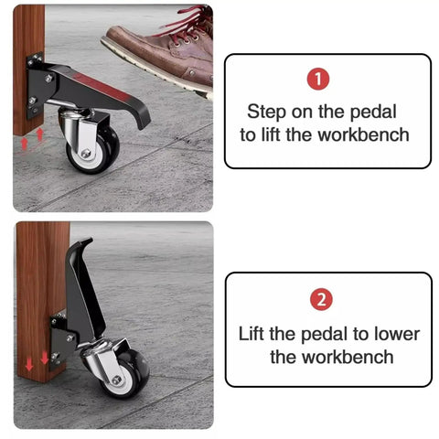 Tough As Nails Workbench Caster Kit Set Of 4 Features retractable step down swivel wheels in use for lifting workbench.