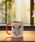 Dragon Boat Racing Ceramic Mug Orange and White Festival Design for Fans and Athletes Dope Gift for Crew Members and Dragon Boat Enthusiasts Coffee Tea Cup on a wooden table.