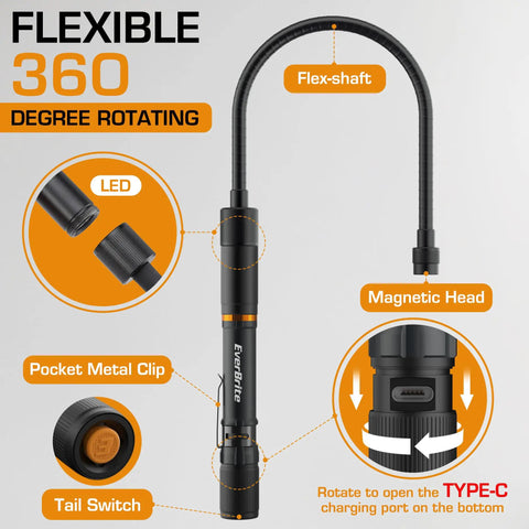 Multi-Functional Rechargeable Work Light With Flexible LED Flashlight And Telescoping Magnetic Pickup Tool 3 Light Modes White Red UV Great Gift For Men Dad Husband DIY Enthusiasts