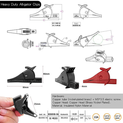 Diagram and details of heavy duty alligator clips from 24 Piece Multimeter Test Leads Set with Alligator Clips and Insulation Piercing Probes.