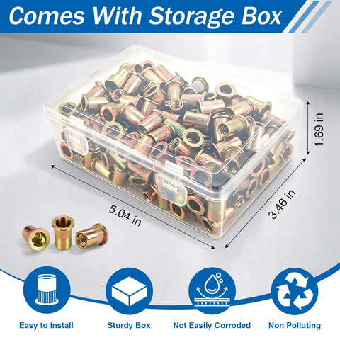 Rivet Nut Kit 188-Piece 1/4-20 Zinc Plated Carbon Steel Rivnuts With Flat Head Knurled Threads in storage box