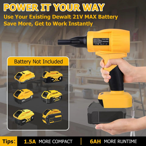 Hand using Cordless Leaf Blower Powerhouse with 380W motor and DeWalt 21V battery, lightweight design, battery not included.