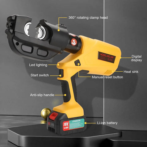 Heavy Duty 12 Ton Electric Hydraulic Cable Crimping Machine With Digital Readout And Eleven Premium Dies powered by lithium-ion battery, showing rotating clamp and digital display.
