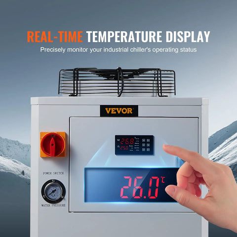 Rugged Industrial Water Chiller Built To Crush Heat Fast With 65 Liters Per Minute Flow And A 15 Liter Tank showing real-time temperature display.