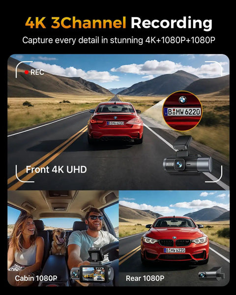 Ultra Clear 4K Triple Channel Dash Cam Front Rear And Inside View, 3 Inch IPS Screen, 5.8GHz WiFi capture of road and interior