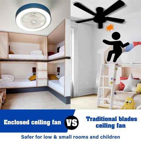 Comparison of 22 Inch Enclosed Low Profile Ceiling Fan With Light And Remote, Dimmable LED, 6 Speed Reversible Blades In Blue against traditional fan, highlighting safety for children.
