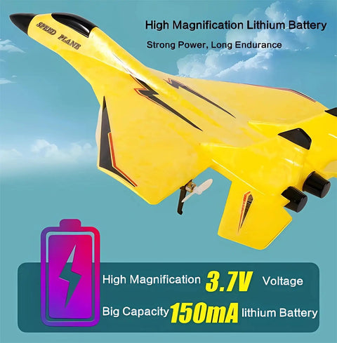 Remote Control Airplane Toy With Lights And USB Rechargeable Battery Drop Resistant Foam RC Plane Glider In Fighter Jet Style featuring yellow design with battery specs