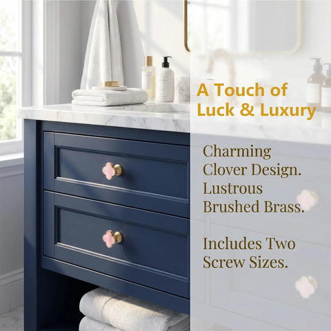 Pink Cabinet Knobs 6 Pack Zinc Alloy Single Hole Drawer Pulls with Decorative 3 Leaf Style shown on blue vanity.