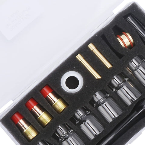 All In One 17Pcs TIG Torch Consumables Kit With Glass Nozzles Gun Tails Tungsten Clamps Silicone Ring Guide Pieces And Fixed Sleeve For WP 17 WP 18 And WP 27 Welders Pro Grade Essential For Precision Welds components in foam case