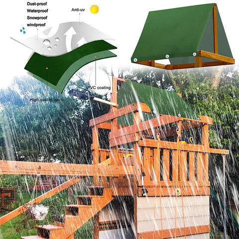 Durable 43 By 90 Inch Swing Canopy Replacement Waterproof Snow Proof Outdoor Playset Cover shown on wooden playset in rain