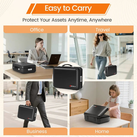 Fireproof Document Box With Lock For Your Important Papers Passport Certificates And Laptop, Tough 5200F Fire Resistance Water Resistant Hard Case File Organizer UL-94 VTM-0 Certified Black shown in various settings including office, travel, business, and home.