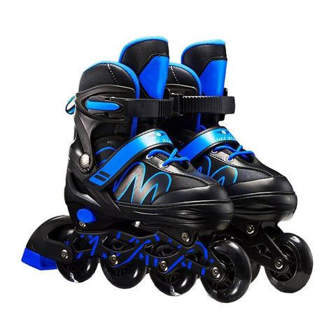 Adjustable Light Up Inline Skates For Kids And Adults Dope Roller Blades, black and blue with smooth wheels, side view.