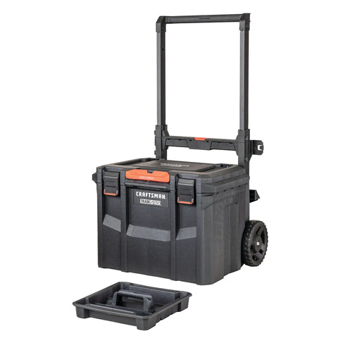 TradeStack 21 Inch Waterproof Tool Box with Lockable Stackable Design, removable tray visible, sturdy wheels, IP65 rated