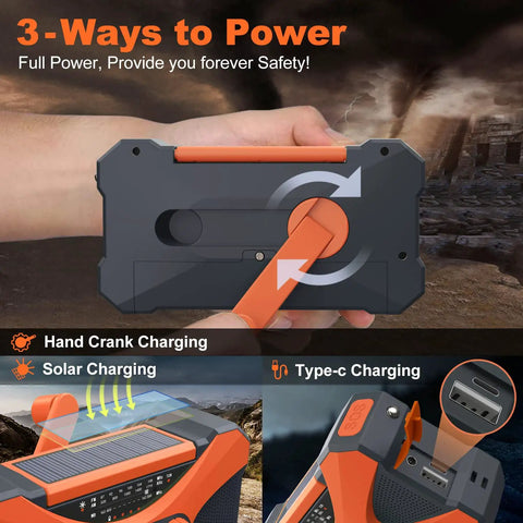 Legit Badass Emergency Radio With 10000mAh Power Bank Solar Hand Crank Am Fm Noaa Receiver showing hand crank and charging options.