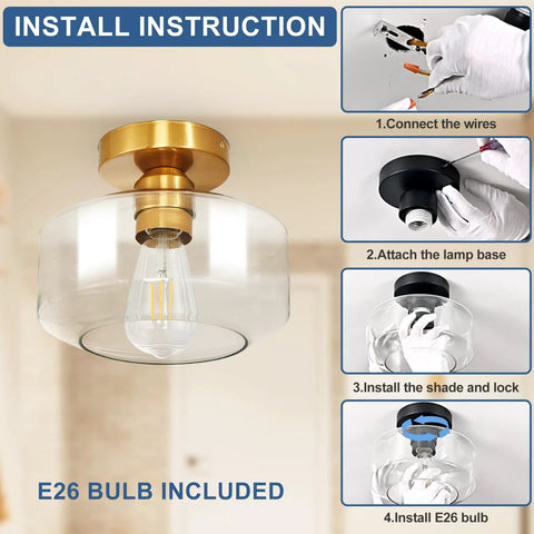 Install guide for Industrial Semi Flush Mount Light With Vintage Glass Ceiling Fixture For Hallways And Dining Rooms.