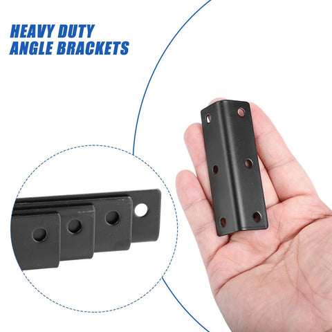 Hand holding black Stainless Steel 90 Degree Corner Braces L Shaped Brackets With Screw Holes 4 Pack For Securing Shelving and End Tables
