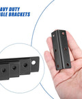 Black L Shaped Stainless Steel 4 Piece Right Angle Brackets for Furniture Support in hand, shown with screw holes.