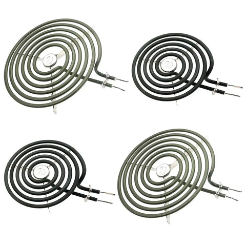 Four chrome and black coil surface elements for GE Hotpoint Range Stoves included in the Chrome Drip Pan Set And Surface Elements Replacement Kit.