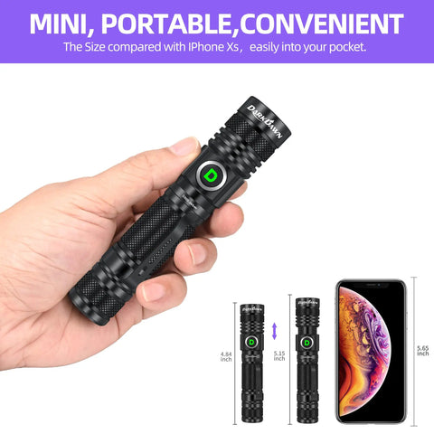 395Nm UV Light Flashlight Powerful 10W USB Rechargeable Portable Blacklight in hand with iPhone Xs size comparison