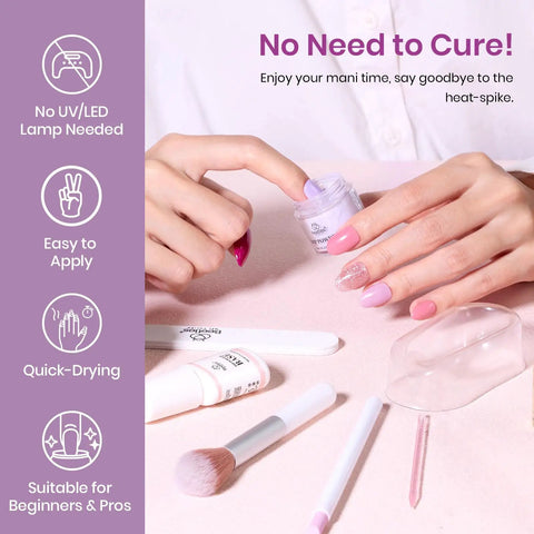 Woman applying 35 Piece Dip Powder Nail Kit Set With 20 Modern Muse Colors Nude Pink Blue Glitter Plus Base Coat Top Coat Activator