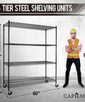 4 Tier Heavy Duty Wire Shelving Unit With Wheels And Leveling Feet, 60 Inch Wide Garage Storage Rack, commercial steel, 76" x 24" x 60"