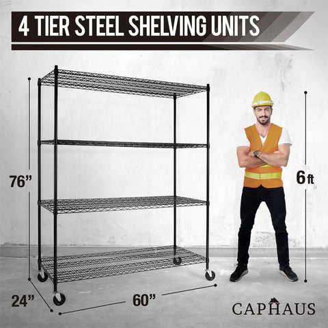 4 Tier Heavy Duty Wire Shelving Unit With Wheels And Leveling Feet, 60 Inch Wide Garage Storage Rack, commercial steel, 76" x 24" x 60"