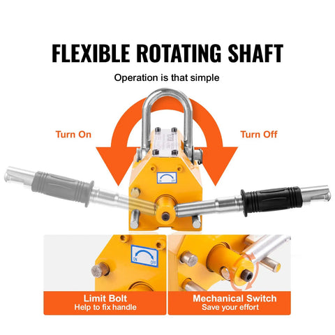 Heavy Duty 4400 Lbs Lifting Magnet With Release For Hoist And Shop Crane showing flexible rotating shaft and mechanical switch.