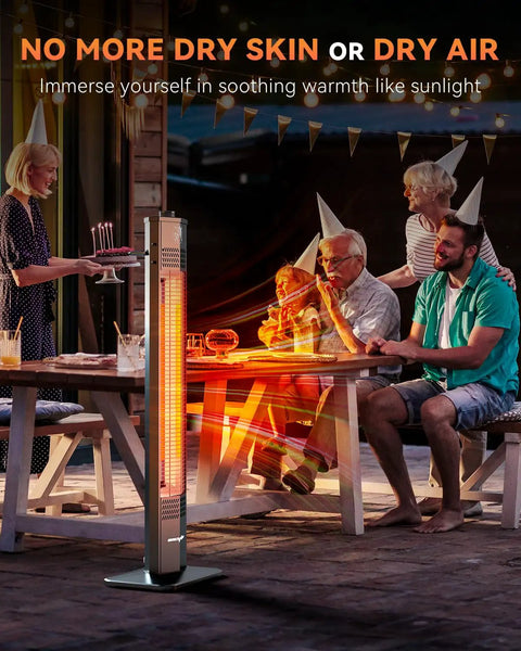 Go To Outdoor Infrared Patio Heater 1500W 36 Inch Tower heats outdoor dining scene, visible guests enjoying warmth, IPX5 waterproof