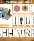 Jewelry Polisher And Bench Grinder Kit With Adjustable Speed shown with included grinding wheel, cloth buffer, and tools.