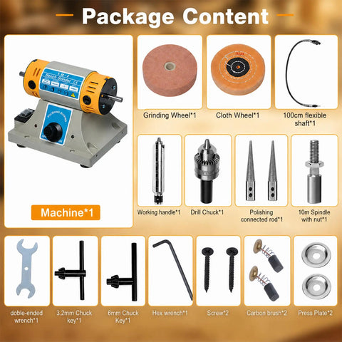 Jewelry Polisher And Bench Grinder Kit With Adjustable Speed shown with included grinding wheel, cloth buffer, and tools.