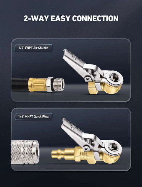 Closed Ball Tire Air Chuck With Clip-On, 0.25 Inch FNPT, And 360 Degree Swivel Quick Plug For Fast Tire Inflation, Car And Truck Use, Durable Clip-On Chuck That Keeps Hoses From Twisting, 1/4 FNPT and MNPT shown