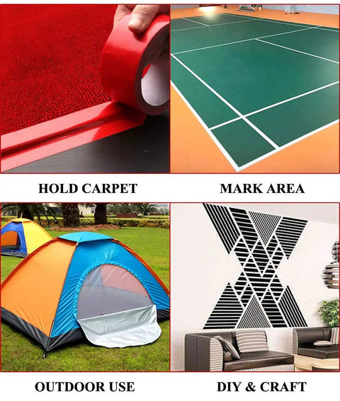 Various uses of duct tape: holding carpet, marking areas on floors, outdoor tent reinforcement, and DIY crafts with artistic designs.