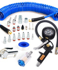 Pro Grade 22 Piece Air Compressor Accessory Kit With 25 Ft Recoil Poly Hose And Quarter Inch NPT Quick Connect Fittings For Tire Inflation Gauge, Heavy Duty Blow Gun, Air Filter Water Separator, Swivel Plugs, Inflation Needles, Blue Hose displayed
