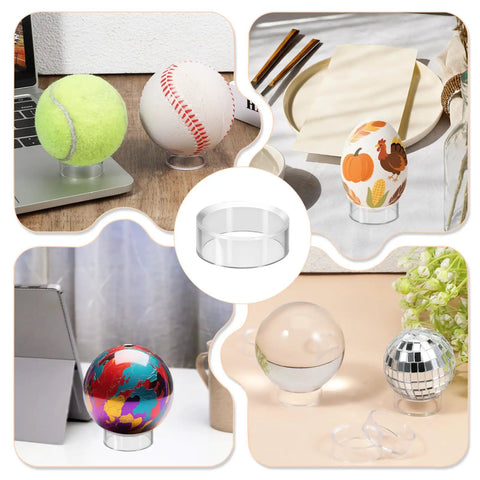 Set Of 15 Clear Ball Display Stands For Baseballs Softballs Golf Balls And Tennis Balls Round Sphere Holders shown with various balls