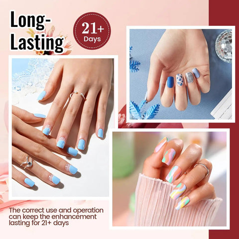 Dope Gel Nail Polish Kit With UV Light showcasing blue and pastel nail designs for long-lasting 21+ days wear