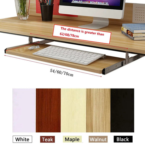 Under Desk Keyboard Tray Pull Out Drawer With Buttery Smooth Glide Rails Height Adjustable in wood finish, showing keyboard space.