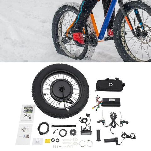 Beefed Up 1500W 48V Ebike Conversion Kit with 20 Inch Rear Hub Motor LCD Display and PAS Sensor on snowy trail