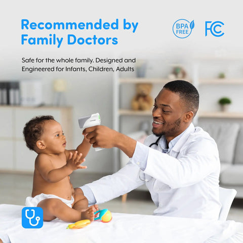 Heavy Duty Touchless Infrared Forehead Thermometer For Adults And Babies Medical Grade FSA HSA Eligible No Contact Digital Thermometer Gun With 1 Second Dead On Instant Read Hygienic Quick Temp Scan For Home And Clinic. Doctor using infrared thermometer on baby