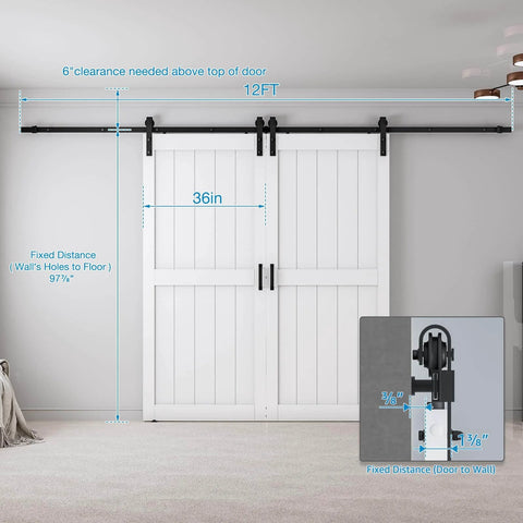 72 by 96 Inch Double Barn Door With 12Ft Sliding Hardware Kit Included, Waterproof PVC Surface, White H Frame Installed