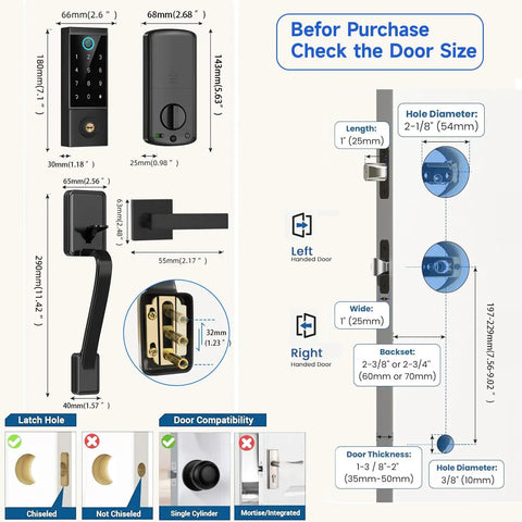 Premium Heavy Duty Smart Door Lock With App Control And Fingerprint Entry For Main Entrances dimensions and compatibility guide.