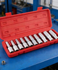 10 Piece E Star Socket Wrench Set Shop Grade Alloy Steel Mechanic Tools in red case, showing sockets from 8mm to 24mm.