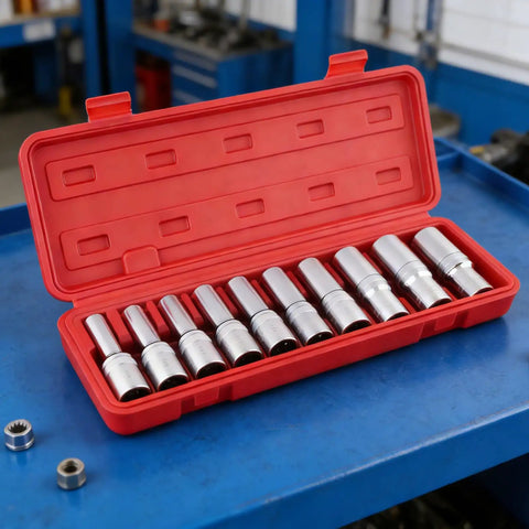 10 Piece E Star Socket Wrench Set Shop Grade Alloy Steel Mechanic Tools in red case, showing sockets from 8mm to 24mm.