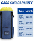 Blue Arborist Rope Bag With Four Side Pockets And Handle beside rope capacity chart for tree climbing gear, durable 600D PVC
