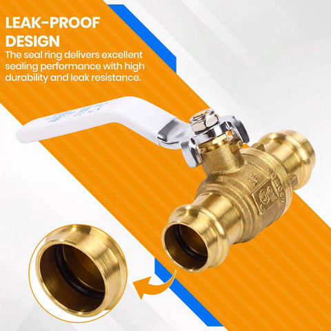 No Sweat 3/4 Full Port Press Ball Valve For Pure Household Water Rock Tight Seal Top Shelf Brass Workhorse Leak Proof Shut Off Valve Slick Design For Copper Pipe Installations with white handle and leak-proof design.