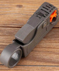 Coaxial Cable Stripping And Crimping Tool With Adjustable Two Blade Knife, Compatible With 4 5 6 And 7 Coax Cables, on wood surface