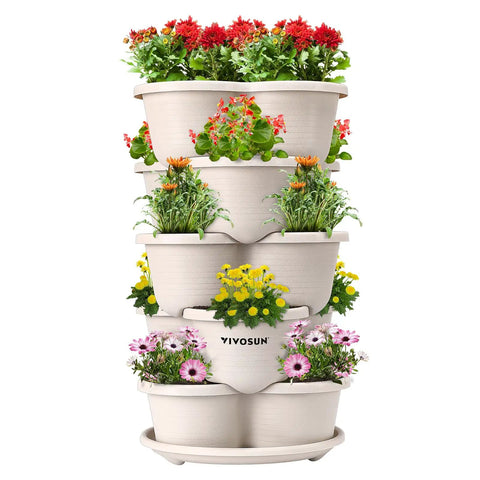 Five Tier Vertical Stackable Garden Planter For Strawberries Flowers Herbs And Veggies In Ivory Finish seen outdoors.