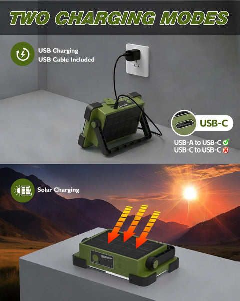 Go-To Solar Rechargeable Work Light With Stand, 120W Flood Light, showing USB-C and solar charging modes.