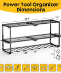 Heavy Duty Power Tool Organizer Wall Mount With 7 Drill Slots And Screwdriver Holder, dimensions labeled