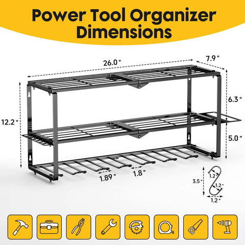 Heavy Duty Power Tool Organizer Wall Mount With 7 Drill Slots And Screwdriver Holder, dimensions labeled
