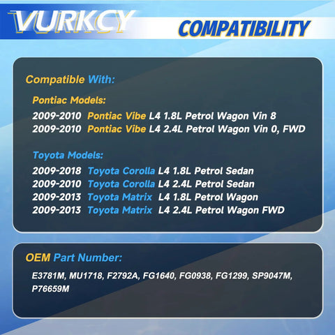 Compatibility chart for Toyota Fuel Pump Module Assembly Replacement for 2009-2018 Corolla, 2009-2013 Matrix, and 2009-2010 Pontiac Vibe